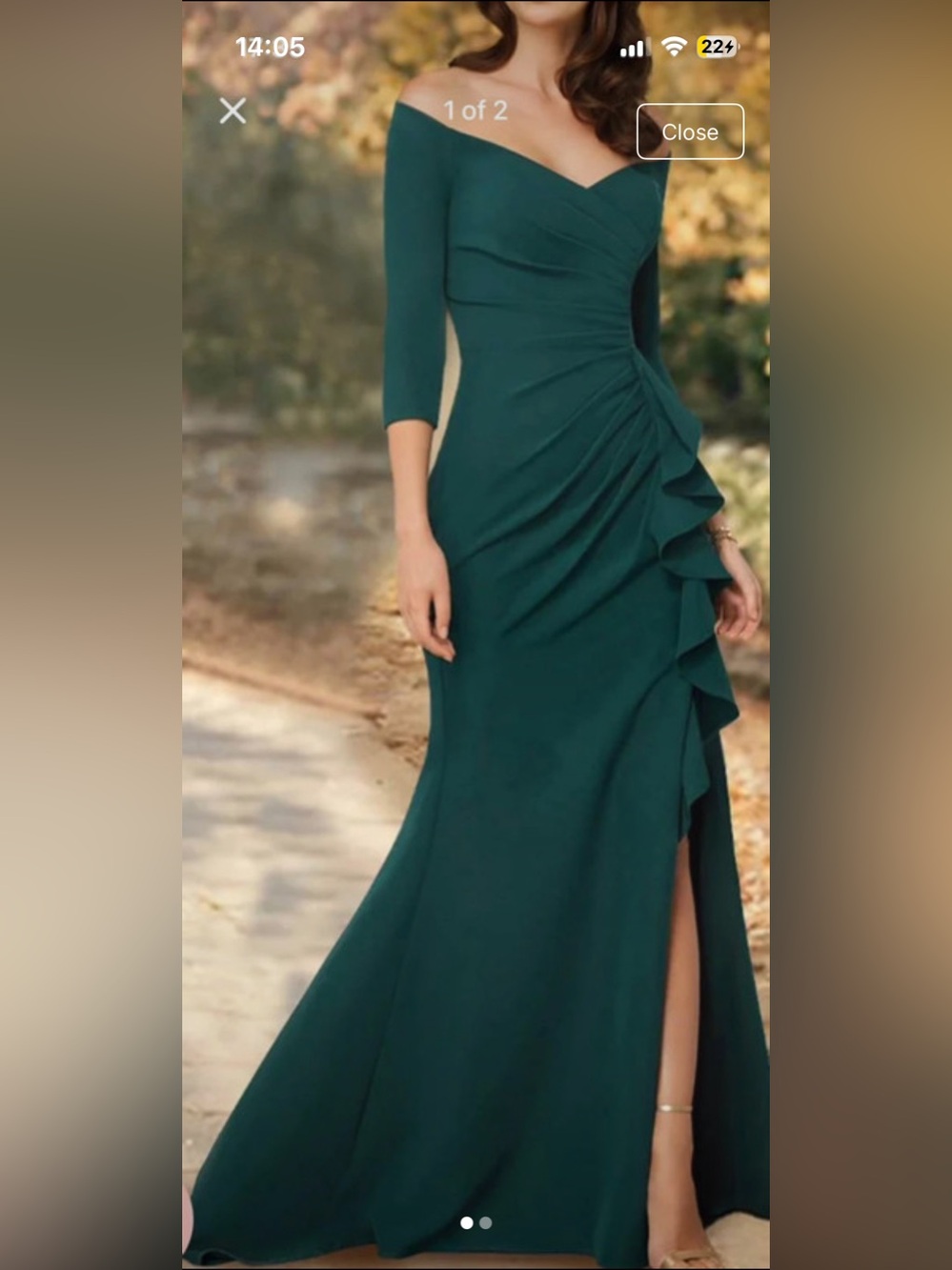 Off-Shoulder RED Green Ruffle Gown